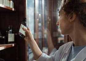 A pharmacist in a lab coat selecting a medication bottle from a pharmacy shelf indoors.